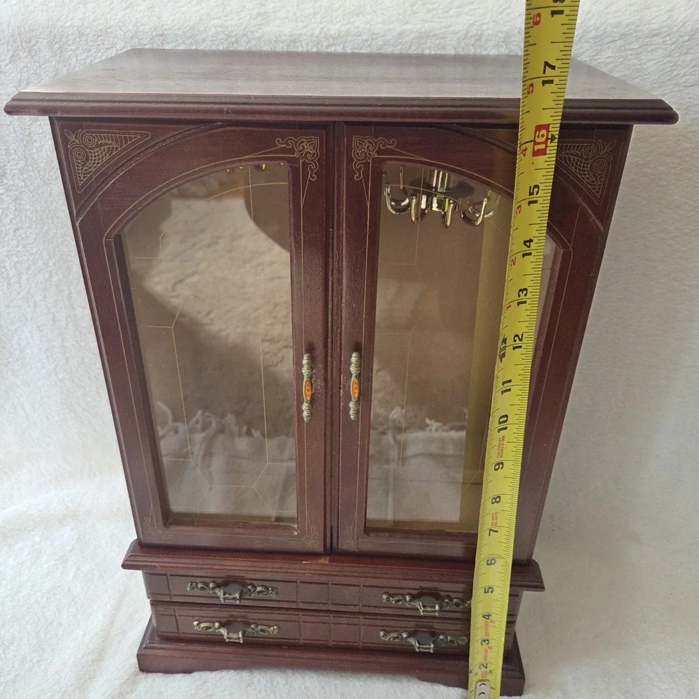 Vintage Jewelry Box Wood Glass Doors Finish 16